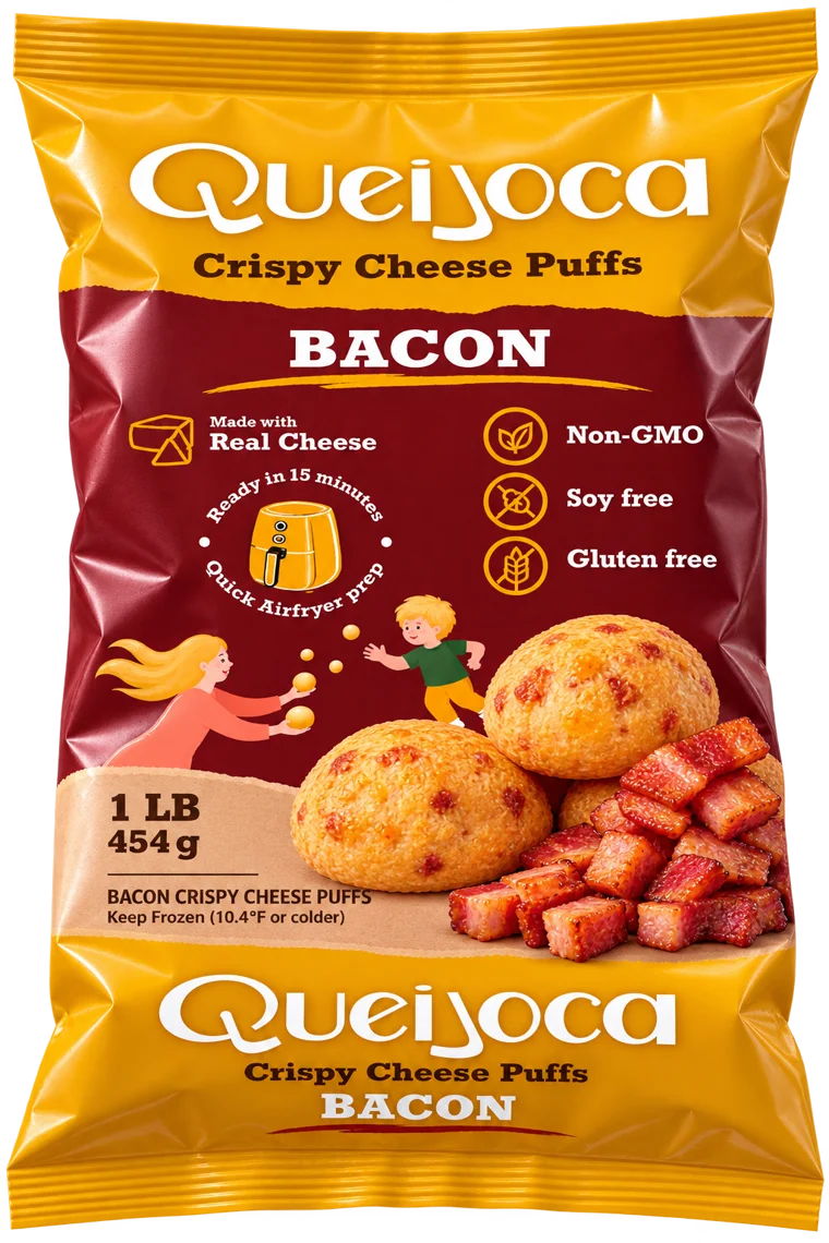 Queijoca Bacon crispy cheese puffs package