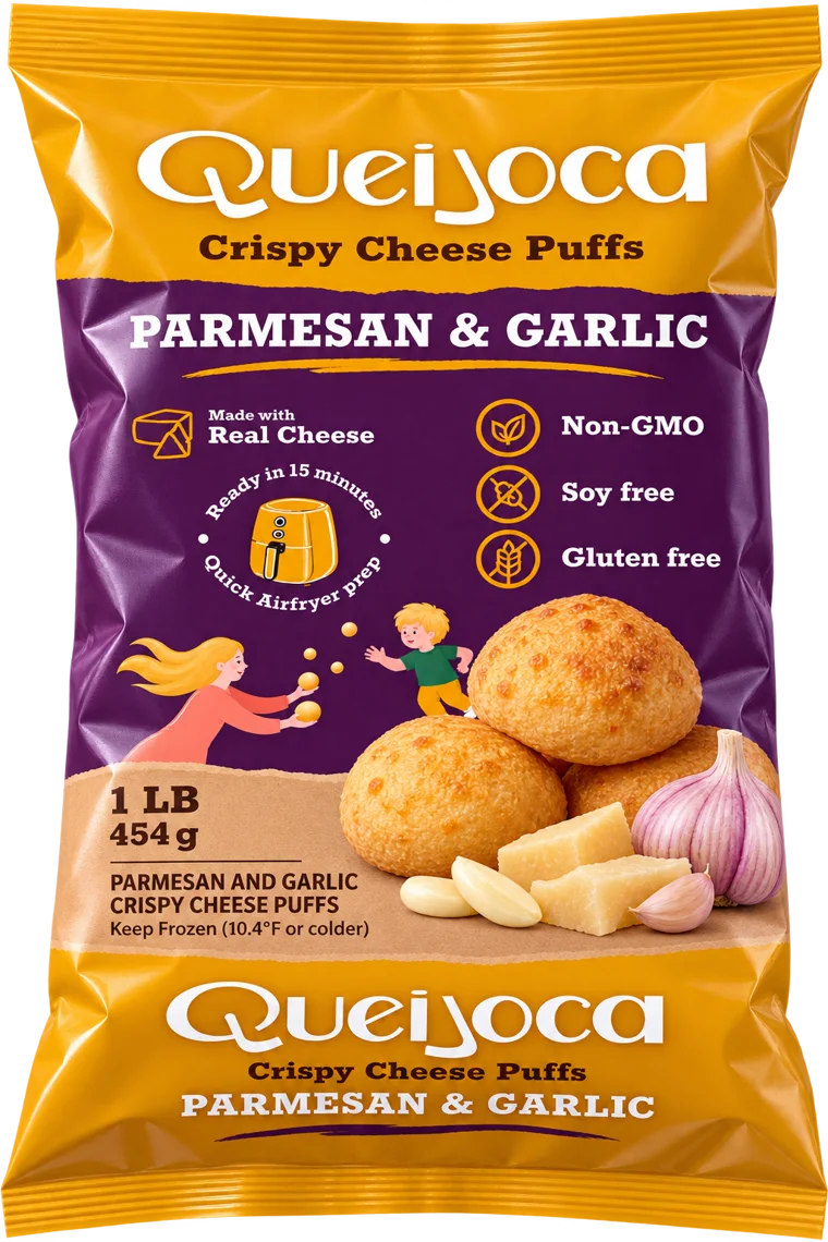 Queijoca Parmesan and Garlic crispy cheese puffs package